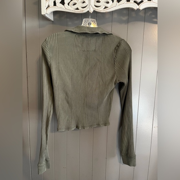 Aerie sage green long-sleeve ribbed collared top. - Picture 3 of 3